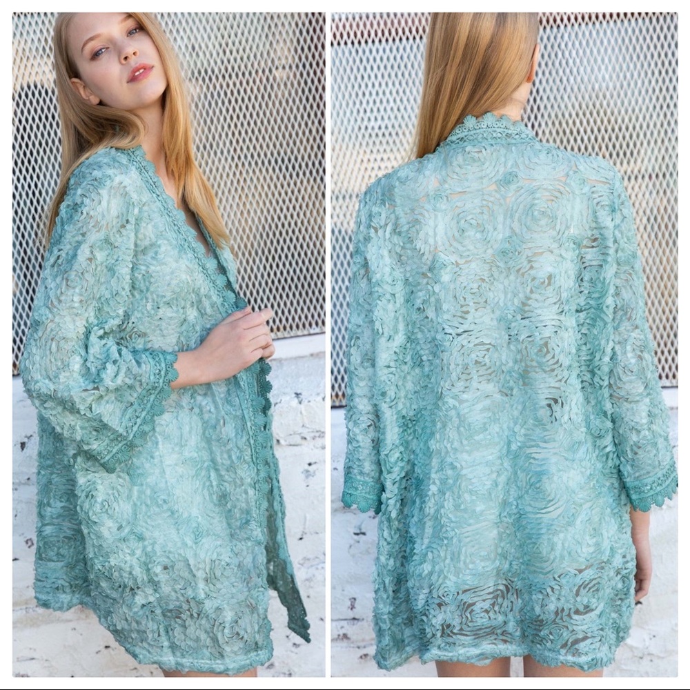POL Jewel Teal 3D Lace and Crochet Cardigan - Picture 4 of 9